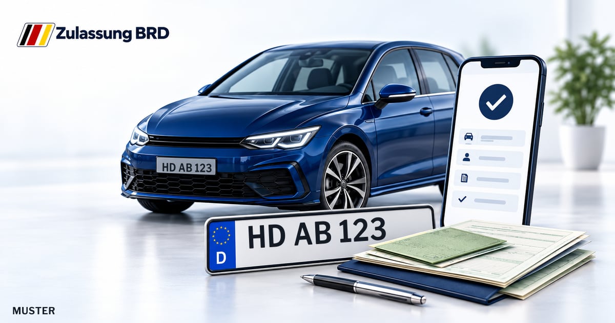 Online Fahrzeugzulassung in Sandhausen: Musterkennzeichen HD AB 123, Auto und Fahrzeugpapiere und Smartphone. Illustration mit Logo von Zulassung BRD.